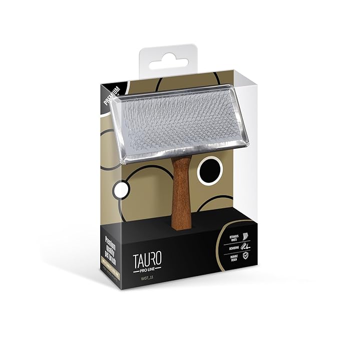 Tauro Pro Line Wooden Dog Brush for Shedding - Long & Short Hair Deshedding & Detangling Brown Slicker Brush for Dog & Cat Grooming - Flexible Cushion & Lightweight, Ideal for All Coat Types, L