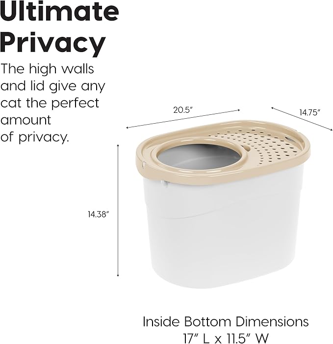 IRIS USA Top Entry Cat Litter Box, Large Enclosed with Litter Catching Lid and Scoop, Dog Proof, Cat Litter Box, White/Beige