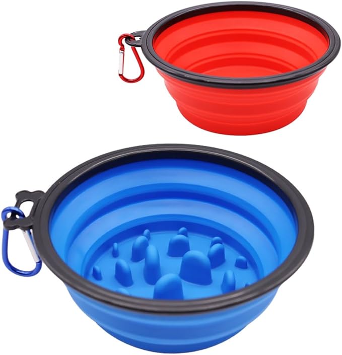 Large Collapsible Dog Bowl for Traveling Hinking Camping,2-Pack Portable Silicone Bowls with2 Sizes(34oz+12oz),Foldable Bowl with Slow Feeding Function