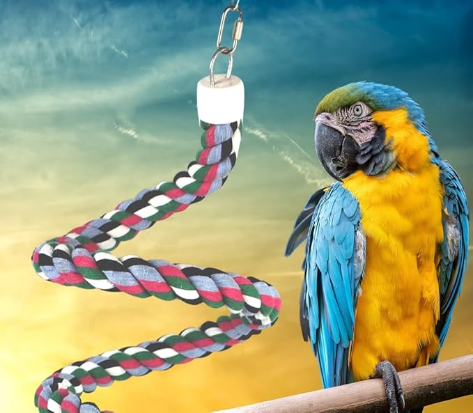 94.4inch Length Colorful Cotton Bendable Rope Perch Swing Bird Chew Toys Amazon Parrots Cage Toys with Bell Swing Climbing Standing Bungee Bird Toys for Regular to Big Size Birds
