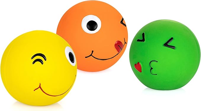 CHIWAVA 3 Pack 2.7'' Latex Squeaky Dog Toy Ball Smiley Face Round Balls Interactive Fetch Play for Medium Dogs