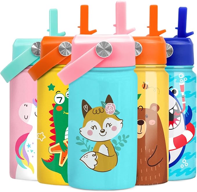 Fox Water Bottle - Kids Water Bottle with Straw Lid - 12 Oz Insulated Stainless Steel Water Bottles for Kid Girl - Travel Cup for School Sports