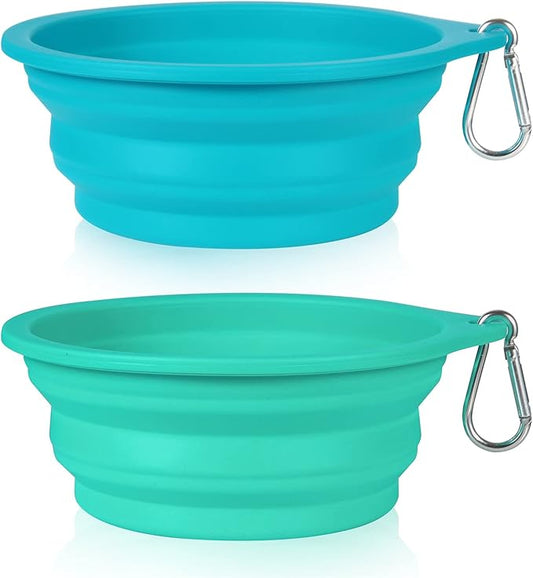 SLSON 2Pack Collapsible Dog Bowl,Integrated Molding Travel Bowl No Plastic Rim Pet Feeding Bowls for Walking Traveling Outdoors,600ML (Light Blue+Light Green)