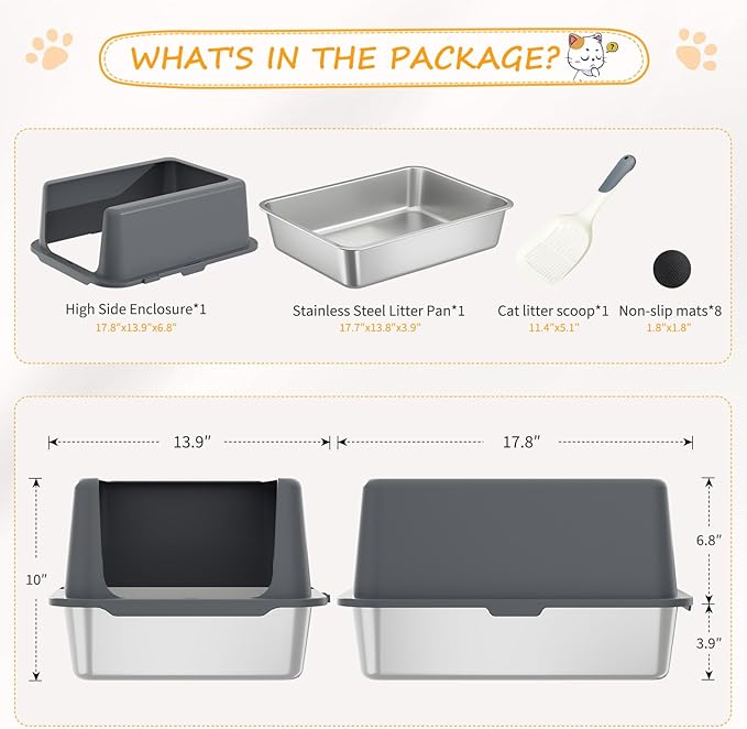 Stainless Steel cat Litter Box, Covered Metal Litter Box, cat Litter Pans with high Sides, Kitty Litter Boxes for Indoor Cats (Non Sticky, Easy to Clean, Anti-Urine Leakage) 17.5" L x 13.5" W x 4" H