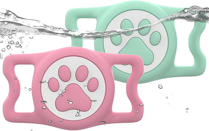 IP68 Waterpoof Dog Airtag Holder, Stretchy Silicone Full Body Covered Apple Air Tag Holder for Dog Cat Collar Fit All Width Collar (Green/Pink, 2 Pack)