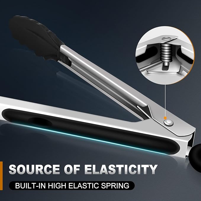 Kitchen Tongs with Silicone Tips, Tongs for Cooking Heat Resistant 600 Degrees Stainless Steel Locking Tong - 7" 9" & 12 inch Silicone Tong Non-Stick, Black Set of 3