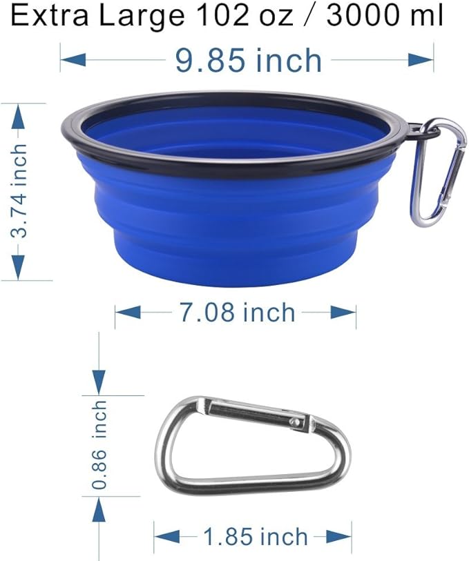 Extra Large Collapsible Dog Bowl, 3L XL Travel Dog Bowl, Foldable Travel Water Dish, 102oz X-Large Portable Collapsable Traveling Bowls with Carabiner for Dogs Walking, Hiking (Blue)