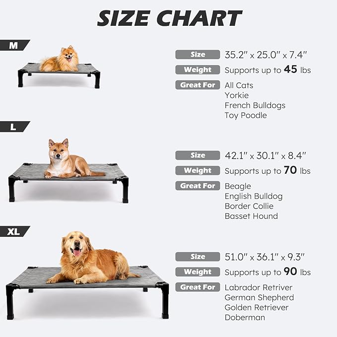Heeyoo Elevated Dog Bed, Cooling Raised Pet Cot with Chew Proof Washable Breathable Mesh and Metal Frame, Portable Dog Cot Bed with No-Slip Feet for Outdoor or Indoor Use