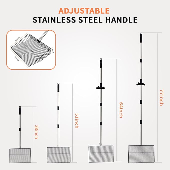 Large Chicken Poop Scooper, Metal Coop Scoop with 32" to 67" Adjustable Long Stainless Steel Handle, Chicken Poop Scooper for Sand with Heavy Duty Sifting Shovel for Chicken/ Horse/ Pet Coops (15 IN)