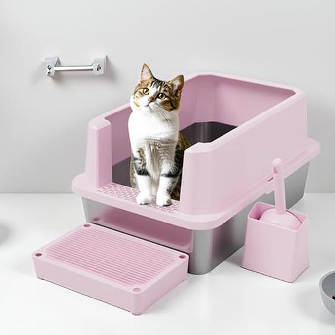 RIZZARI Stainless Steel Cat Litter Box, Semi-Closed Litter Box with High Edges, Large Odorless Litter Pan with for Small to Large Cats (Pink with Deodorizer, 2 Pack)