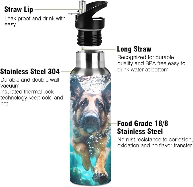 German Shepherd Dog Underwater Water Bottle with Straw Lid Kids Insulated Stainless Steel Water Flask Sports, 20 Oz Hot Cold