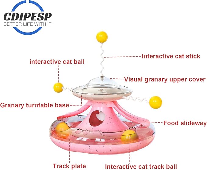 3 in 1 Interactive Cat Toy - Fidget Spinner Treat Dispenser, Windmill Food Dispenser, Slow Feeder, and Teaser Wand for Indoor Cats
