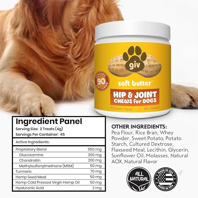 Hip & Joint Supplement Chews for Dogs, Chicken Flavor, 90 Soft Chews - Glucosamine - Chondriotin - Hemp Oil - Turmeric - MSM- Hyaluronic Acid - Hemp Seed Meal