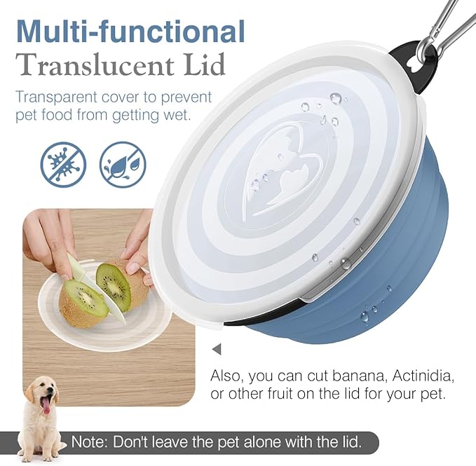 Pawaboo Collapsible Dog Bowls 2 Pack, Silicone Feeding Watering Bowls with Lids & Carabiners for Dogs Cats, Portable Water Feeder Food Bowl for Walking Traveling Home Use, 1000ml, Blue + Grey