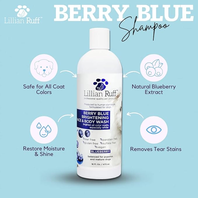 Lillian Ruff PRO Formula Berry Blue Brightening Dog Shampoo + Blueberry Waterless Dog Shampoo - Professional Whitening, Tear Stain Remover & No-Rinse Hydrating Odor Control, Aloe+Coconut Oil, USA Made