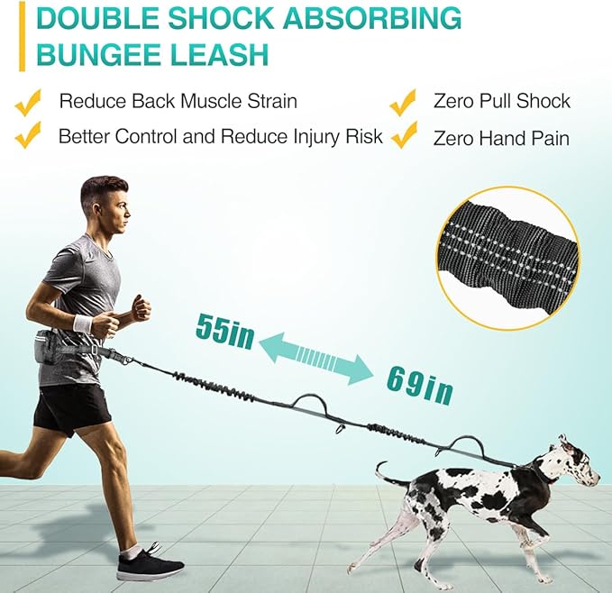 Kytely Hands Free Dog Leash with Zipper Pouch, Wide Padded Waist Dog Running Leash, Dual Padded Handles, Retractable Bungee for Walking Jogging Training Hiking