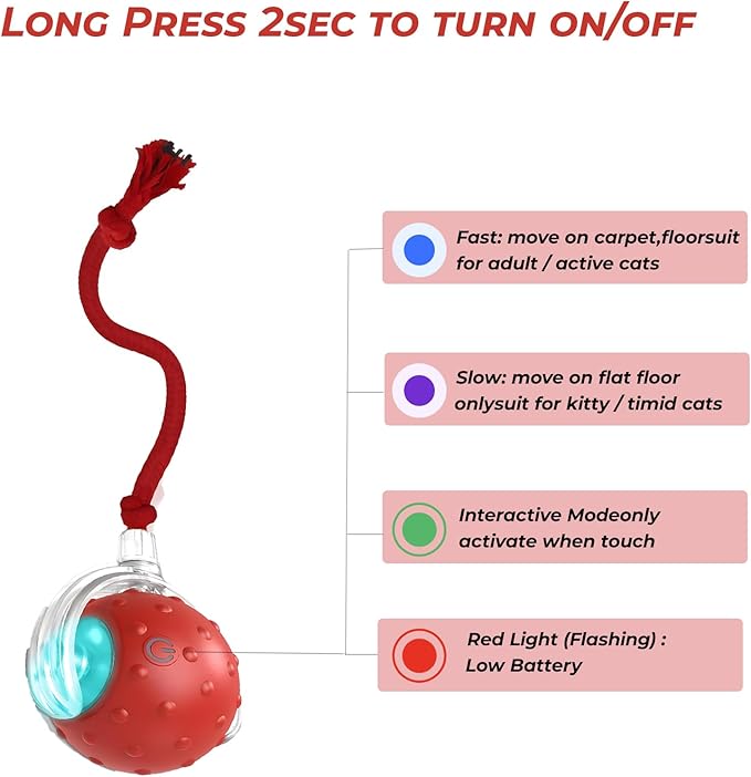 Interactive Cat Toys Ball - 2025 New Gen with Smart Obstacle Avoidance,Bird Chirps & Auto Wake-Up,Includes 1 Speedy Tail 2.0 Ropes, Ideal Kitten Toys for Bored Indoor Cats (Red)