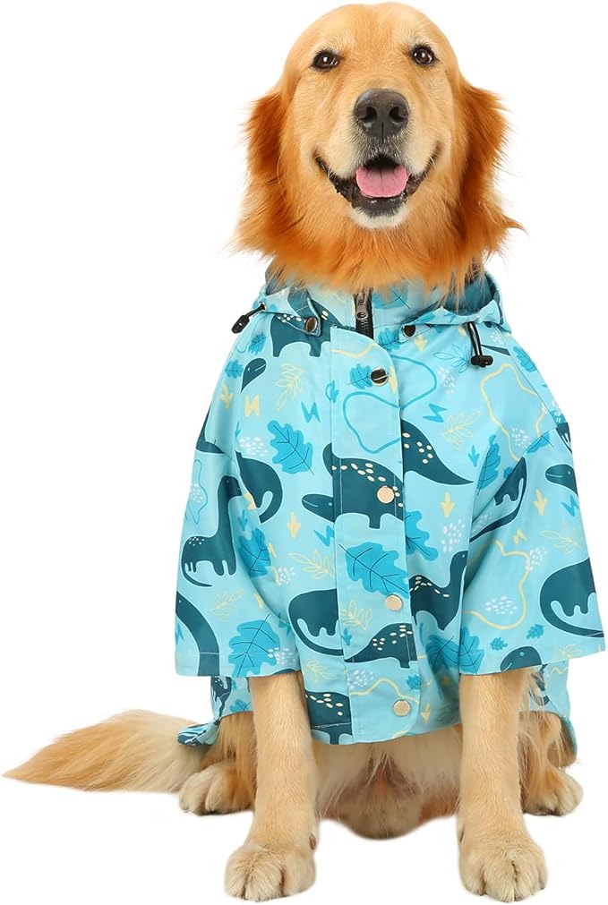 HDE Dog Raincoat Poncho Double Layer Zip Rain Jacket with Removable Hood, Leash Hole for Small to 3XL Dogs and Puppies Dinosaurs - 3XL
