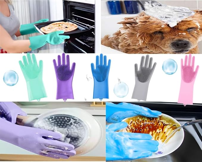 5 pairs Silicone Dishwashing & Pet Grooming Gloves - 2-in-1 Heat Resistant Gloves with High-Density Teeth, Enhanced Five Finger Design for Bathing, Cleaning Dishes, Cars, Dogs & Cats
