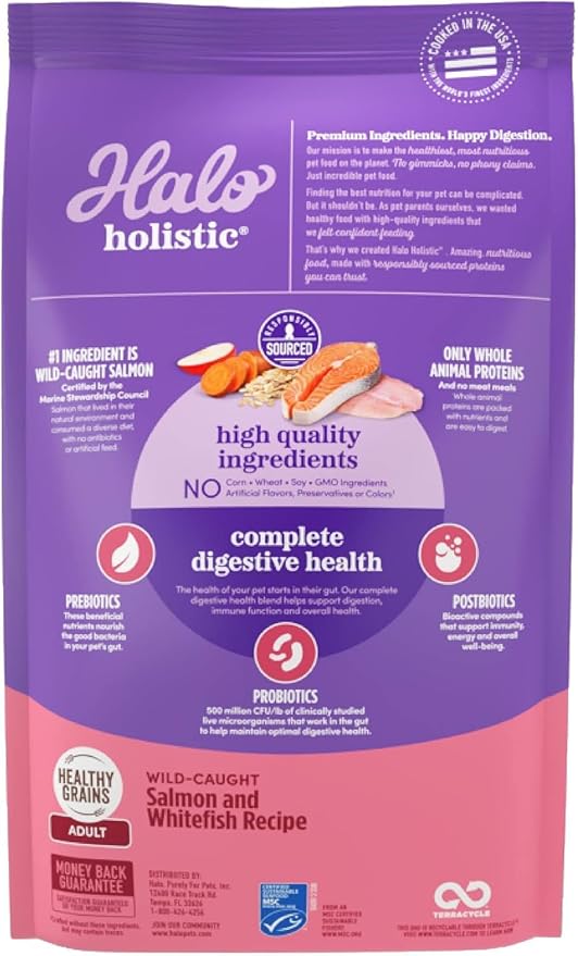 Halo Holistic Dog Food Wild Caught Salmon & Whitefish Formula, Healthy Grains Dry Dog Food, Complete Digestive Health, Kibble for Adult Dogs, 3.5 lb Bag
