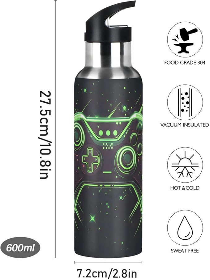 Joystick Gamepad Green Water Bottle with Straw Lid Kids Insulated Stainless Steel Water Flask Sports, 20 Oz Hot Cold