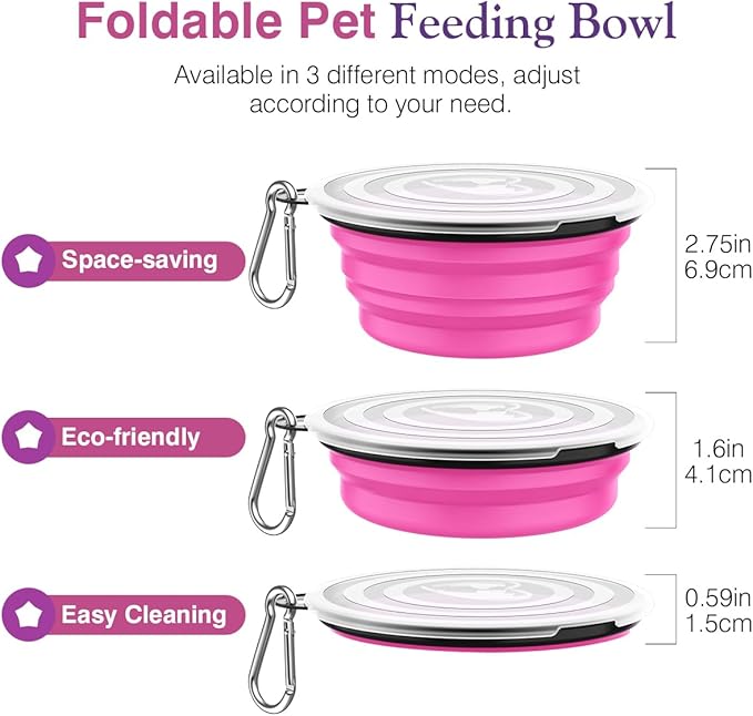 Pawaboo Collapsible Dog Bowls 2 Pack, Silicone Feeding Watering Bowls with Lids & Carabiners for Dogs Cats, Portable Water Feeder Food Bowl for Walking Traveling Home Use, 1000ml, Pink + Purple