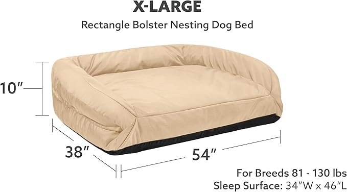K9 Ballistics Tough Bolster Nesting Pillow X-Large Sofa Dog Bed with Removable Washable Cover - Durable, Water Resistant with Nonskid Bottom 54"x38", Sandstone