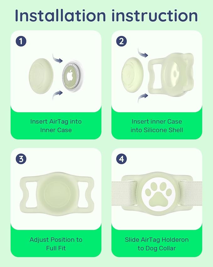 IP68 Waterpoof Dog Airtag Holder, Stretchy Silicone Full Body Covered Apple Air Tag Holder for Dog Cat Collar Fit All Width Collar (Luminous, 1 Pack)