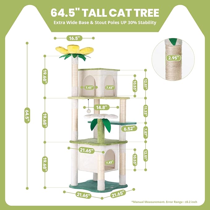 HYABi 64.5-Inch Cute Avocado Flower Large Tall Garden Cat Tree Tower Condo House Furniture Bed Plush Ball Activity Platform Multi-Level with Scratching Posts for Indoor Cats Play