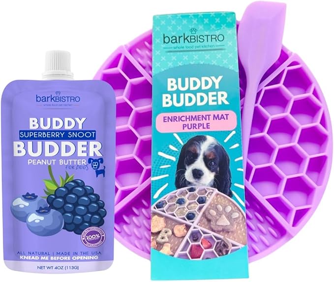 BUDDY BUDDER Bark Bistro Dog Lick Mat Set with Superberry Peanut Butter, Purple Enrichment Mat with Spatula, 4 oz Squeeze Pack