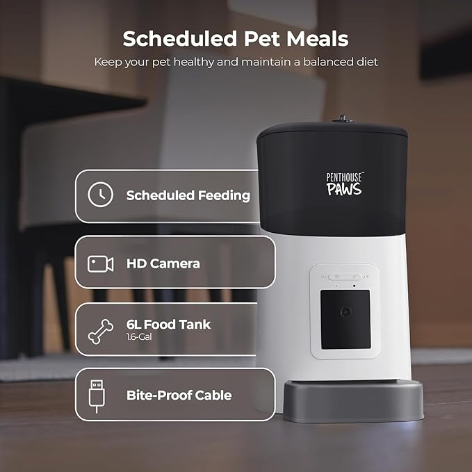 Smart HD Cat Feeder, 2 Way Audio + Voice Recording, Automatic Feeder for Dog with 1080p Night Vision Camera, WiFi App Controlled, Battery Backup, Anti Jam 6L Upto 15 Daily Meals, White Stainless