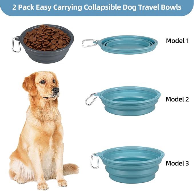 Kytely Collapsible Dog Bowls 2 Pack - 1500ml Portable Pet Food & Water Bowl for Travel, Hiking, Walking - Foldable Feeding Dish with Carabiner Clip for Dogs & Cats - X-Large (Blue & Grey)