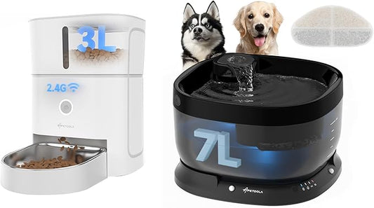3L Automatic Cat Feeder,5G & 2.4G Wi-Fi Timed Cat Food Dispenser+Wirelss Dog Water Fountain 7L,Battery Operated Wirelss Dog Water Dispenser + 1-10 Meals Per Day