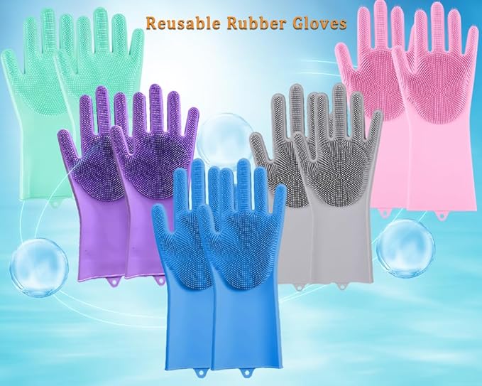 5 pairs Silicone Dishwashing & Pet Grooming Gloves - 2-in-1 Heat Resistant Gloves with High-Density Teeth, Enhanced Five Finger Design for Bathing, Cleaning Dishes, Cars, Dogs & Cats