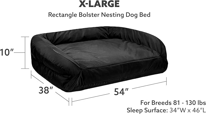K9 Ballistics Tough Bolster Nesting Pillow X-Large Sofa Dog Bed with Removable Washable Cover - Durable, Water Resistant with Nonskid Bottom 54"x38", Obsidian Black