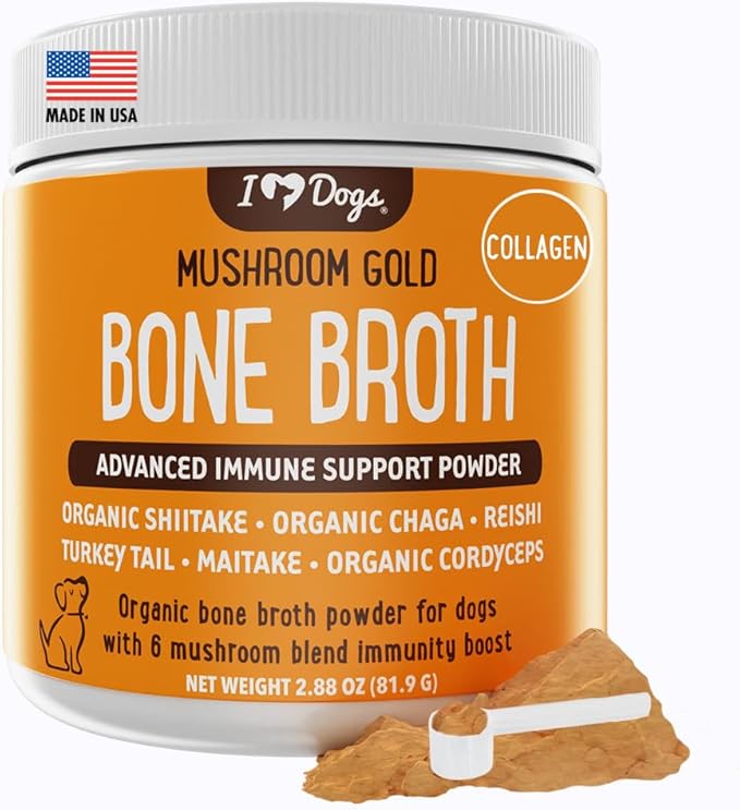 iHeartDogs Bone Broth & Collagen for Dogs - Bone Broth & Mushroom Gold Powder Supplement for Immune System Support, Improved Mobility & Flexibility and Natural Detox - Turkey Tail Mushroom for Dogs