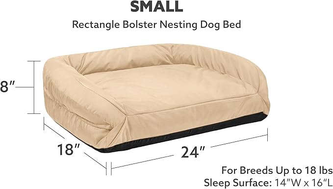 K9 Ballistics Tough Bolster Nesting Pillow Small Sofa Dog Bed with Removable Washable Cover - Durable, Water Resistant with Nonskid Bottom 24"x18", Sandstone