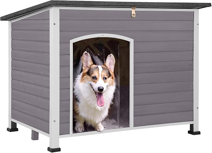 Insulated Wooden Dog Kennel Dog House with PVC Curtain and Removable Floor for Easy Cleaning (Large)