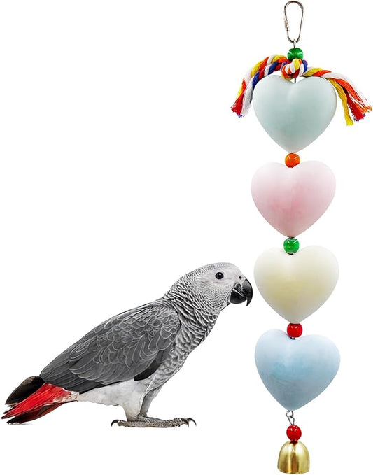 Mineral Chew Toy, Heart Shape Colorful Beaded Bird Toys with Bells | Beak Grinding & Foraging Enrichment for African Grey, Amazon Parrots, Budgies, Cockatiels, Conures
