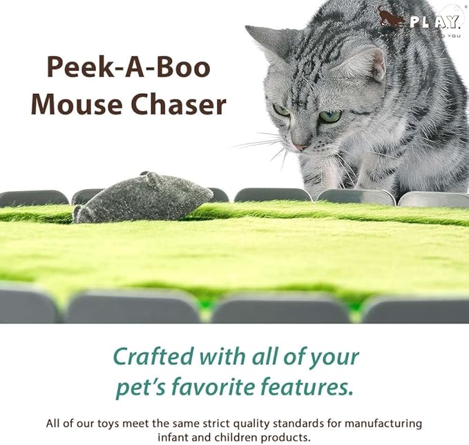 P.L.A.Y. Cute Interactive Peek-a-Boo Mouse Chasing Toy for Cats - 2 Speeds, Uncatchable Running & Spinning Mouse, Hide & Seek, Pop & Play Kitten Toy