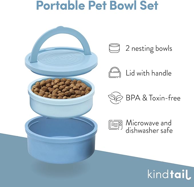 KindTail Portable Pet Feeder, Travel Dog Bowls with Lid and Handle, Microwave and Dishwasher-Safe, 10oz Inner Bowl & 20oz Outer Bowl, Grey