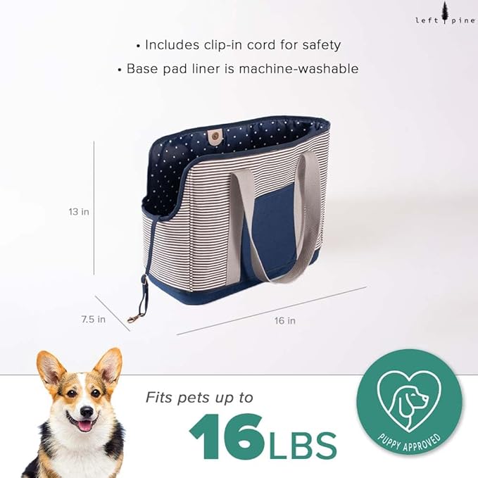 LeftPine x P.L.A.Y. Deluxe Dog Carrier Purse - Soft Sided Pet Travel Tote for Small Dogs & Puppies up to 16 Pounds - Built-in Safety Leash, Machine Washable Liner, Exterior Pocket (Navy Striped)