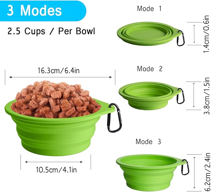 PetBonus 2-Pack Silicone Collapsible Dog Bowls, BPA Free Dishwasher Safe, Portable Foldable Expandable Travel Bowl, Food Water Feeding Cup Dish for Dogs Cats with 2 Carabiners (Light Blue & Green)
