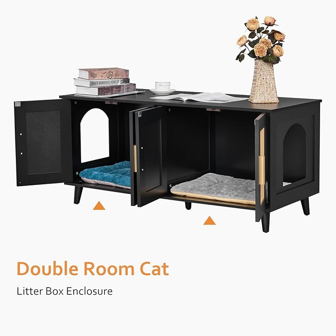 Homhedy Boho Cat Litter Box Enclosure for 2 Cats, Wooden Cat Washroom Furniture with Double Rattan Decorated Doors, Pet House,47.2”L x 19.7”W x 21.7”H, Black and Natural