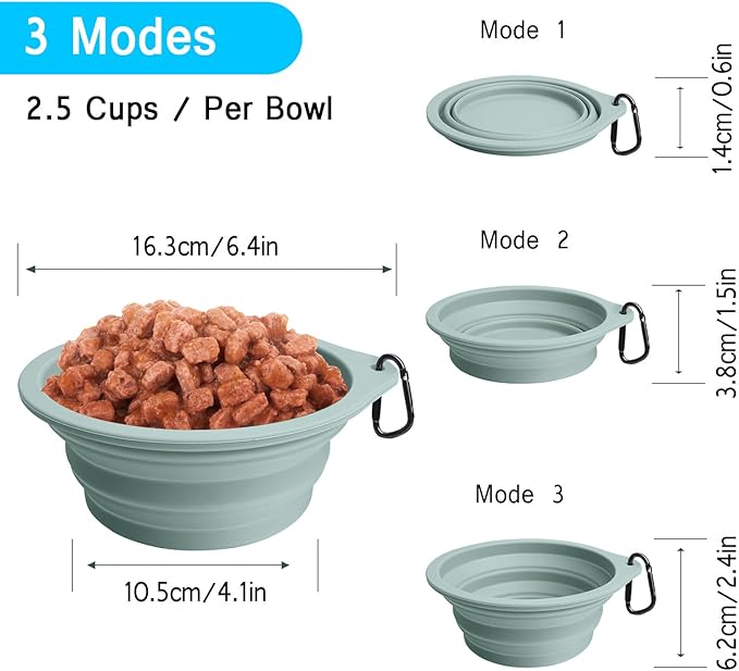 PetBonus 2-Pack Silicone Collapsible Dog Bowls, BPA Free Dishwasher Safe, Portable Foldable Expandable Travel Bowl, Food Water Feeding Cup Dish for Dogs Cats with 2 Carabiners (Turquoise, Tan)