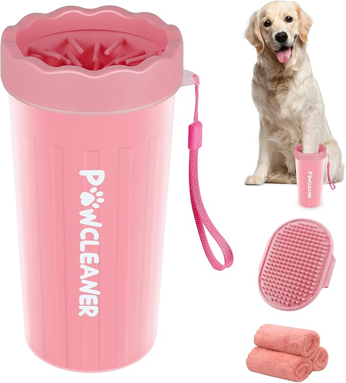 Dog Paw Cleaner, Washer,Muddy Pet Foot Cleaner for Small Medium Large Breed Dogs/Cats (with 3 absorbent towel) (Light Pink, Large)