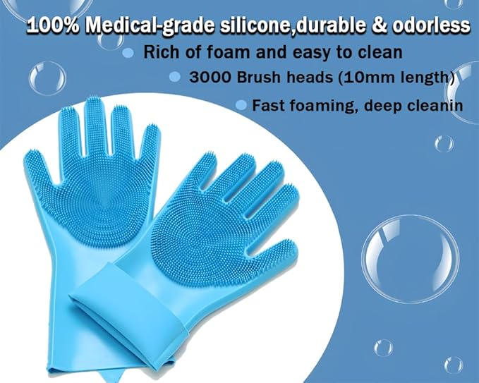 2 pairs Silicone Dishwashing & Pet Grooming Gloves - 2-in-1 Heat Resistant Gloves with High-Density Teeth, Enhanced Five Finger Design for Bathing, Cleaning Dishes, Cars, Dogs & Cats (Blue)
