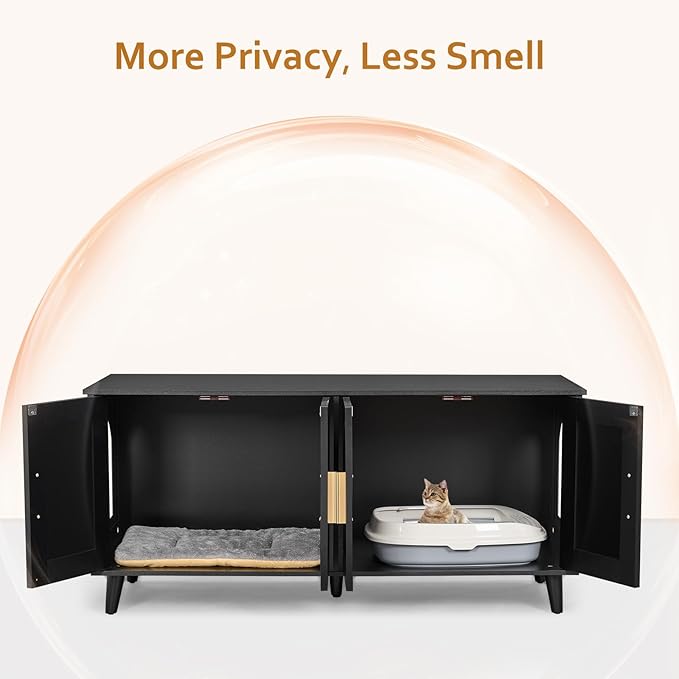 Homhedy Boho Cat Litter Box Enclosure for 2 Cats, Wooden Cat Washroom Furniture with Double Rattan Decorated Doors, Pet House,47.2”L x 19.7”W x 21.7”H, Black and Natural