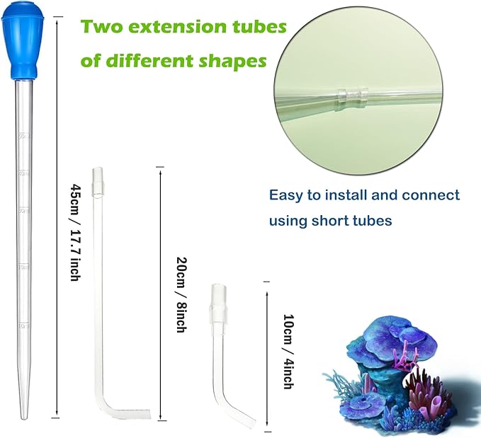 KABASI Coral Feeder Fish Feeder Waste Clean Tool, 50ml Manual Acrylic Pipette Suction Dropper with 2PCS Extension Pipes for Fish Tank Cleaning, Water Changer Waste Remover for Aquarium