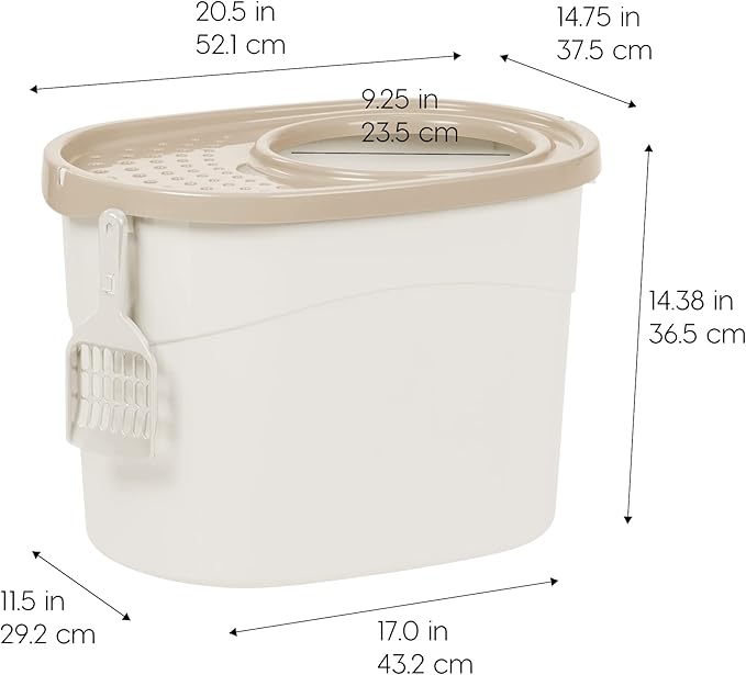 IRIS USA Top Entry Cat Litter Box, Large Enclosed with Litter Catching Lid and Scoop, Dog Proof, Cat Litter Box, White/Beige